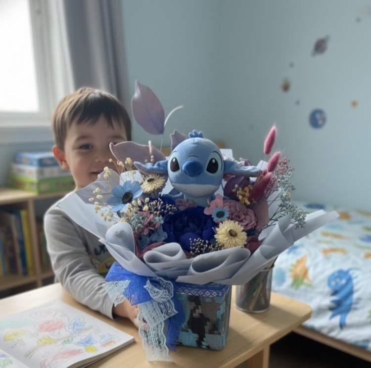 Preserved Blue Peony Bouquet With Stitch Plush 