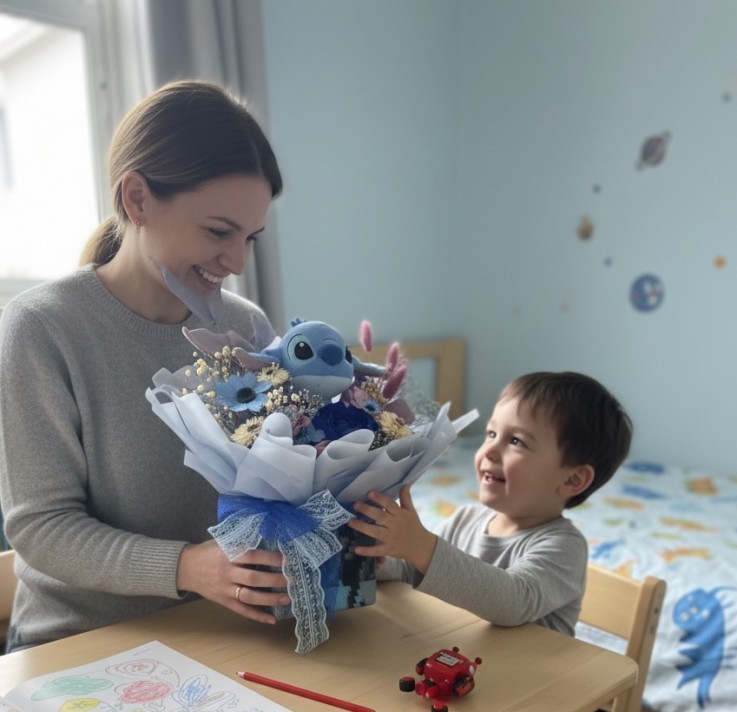Preserved Blue Peony Bouquet With Stitch Plush 