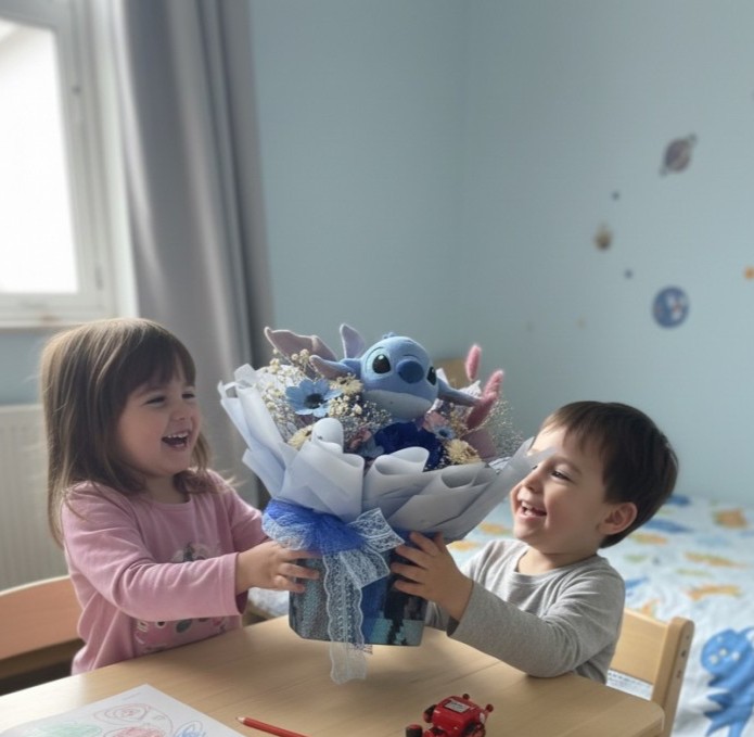 Preserved Blue Peony Bouquet With Stitch Plush 