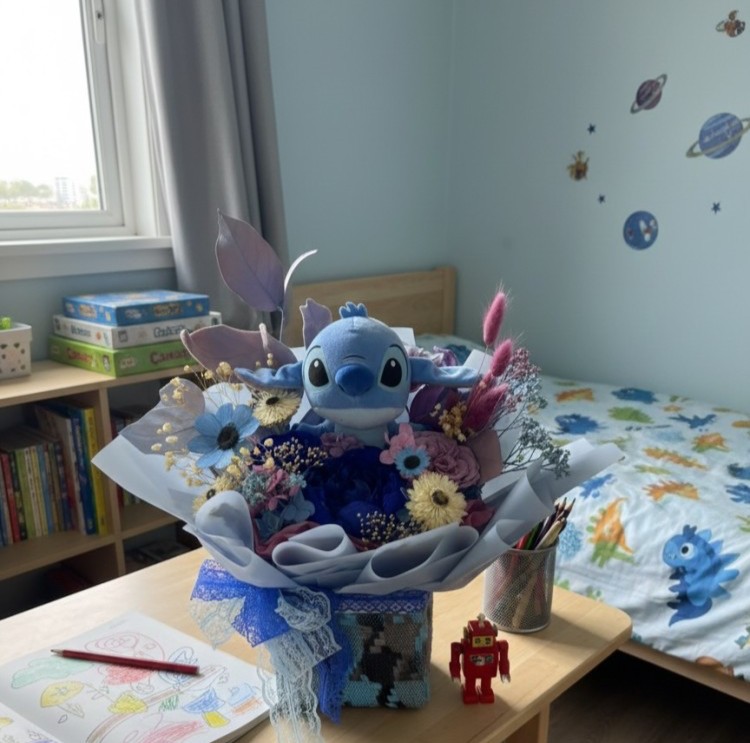 Preserved Blue Peony Bouquet With Stitch Plush 