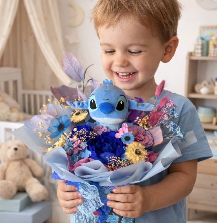 Preserved Blue Peony Bouquet With Stitch Plush 