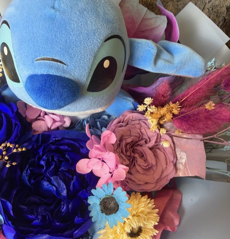 Preserved Blue Peony Bouquet With Stitch Plush 