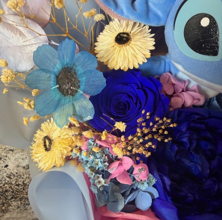 Preserved Blue Peony Bouquet With Stitch Plush 