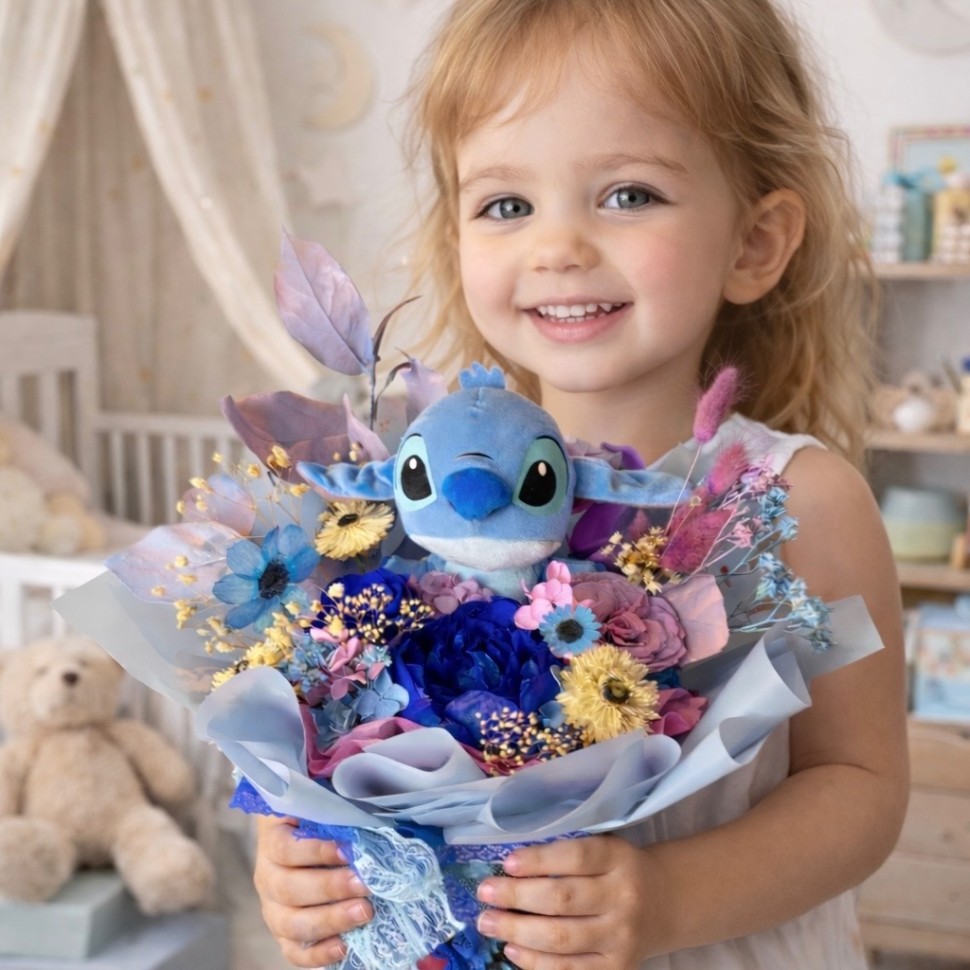 Preserved Blue Peony Bouquet With Stitch Plush 