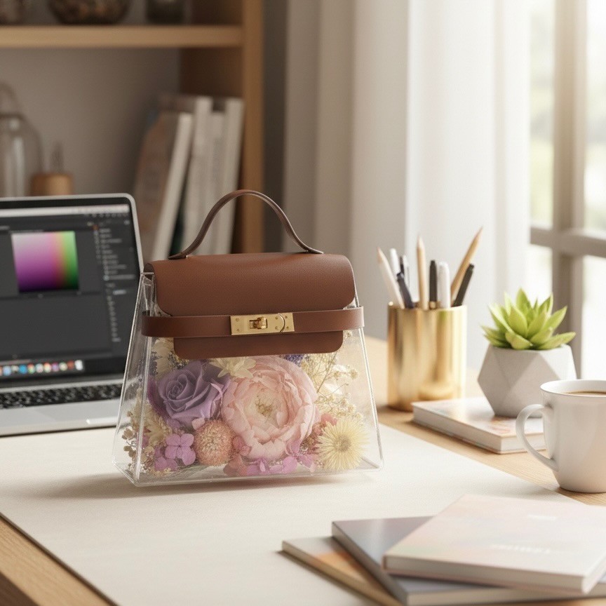 Acrylic Floral Handbag with Preserved Pink Peony and Lavender Rose