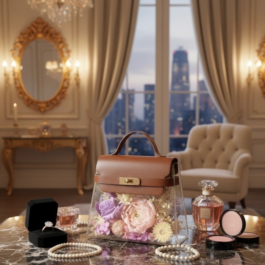 Acrylic Floral Handbag with Preserved Pink Peony and Lavender Rose