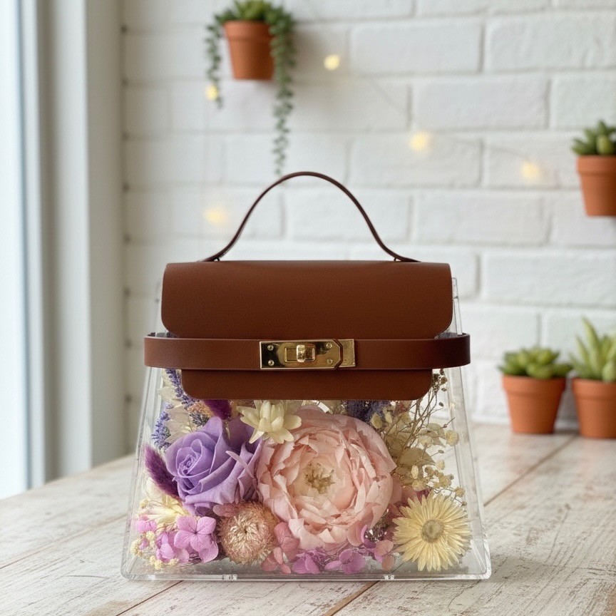 Acrylic Floral Handbag with Preserved Pink Peony and Lavender Rose