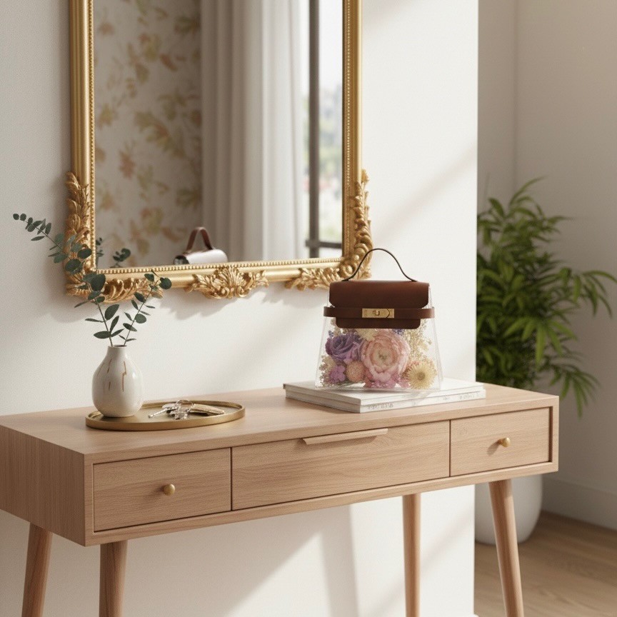 Acrylic Floral Handbag with Preserved Pink Peony and Lavender Rose