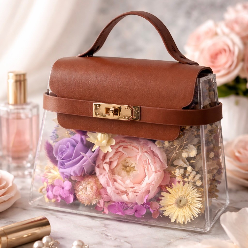 Acrylic Floral Handbag with Preserved Pink Peony and Lavender Rose