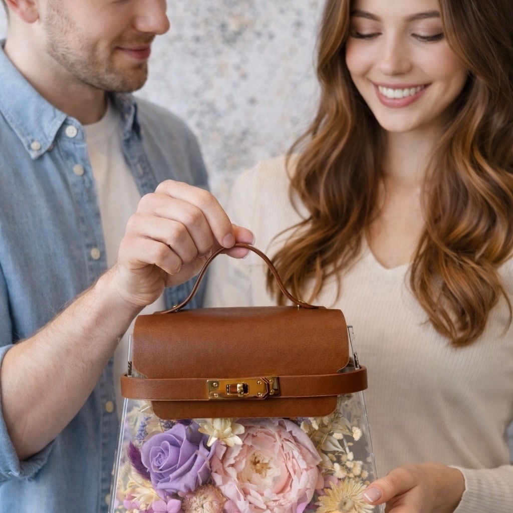 Acrylic Floral Handbag with Preserved Pink Peony and Lavender Rose