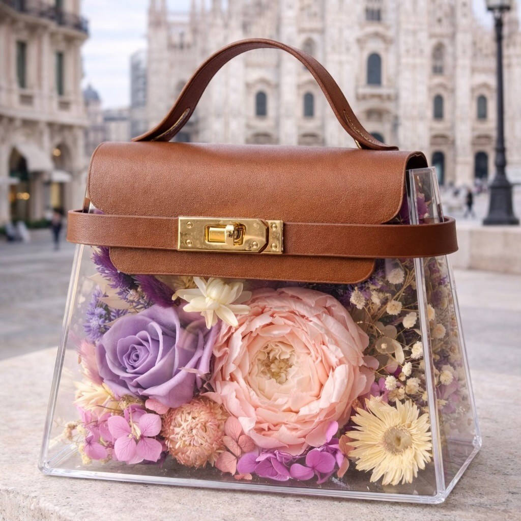 Acrylic Floral Handbag with Preserved Pink Peony and Lavender Rose