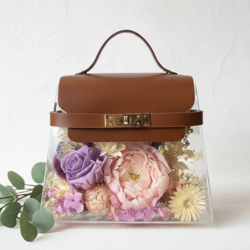 Acrylic Floral Handbag with Preserved Pink Peony and Lavender Rose