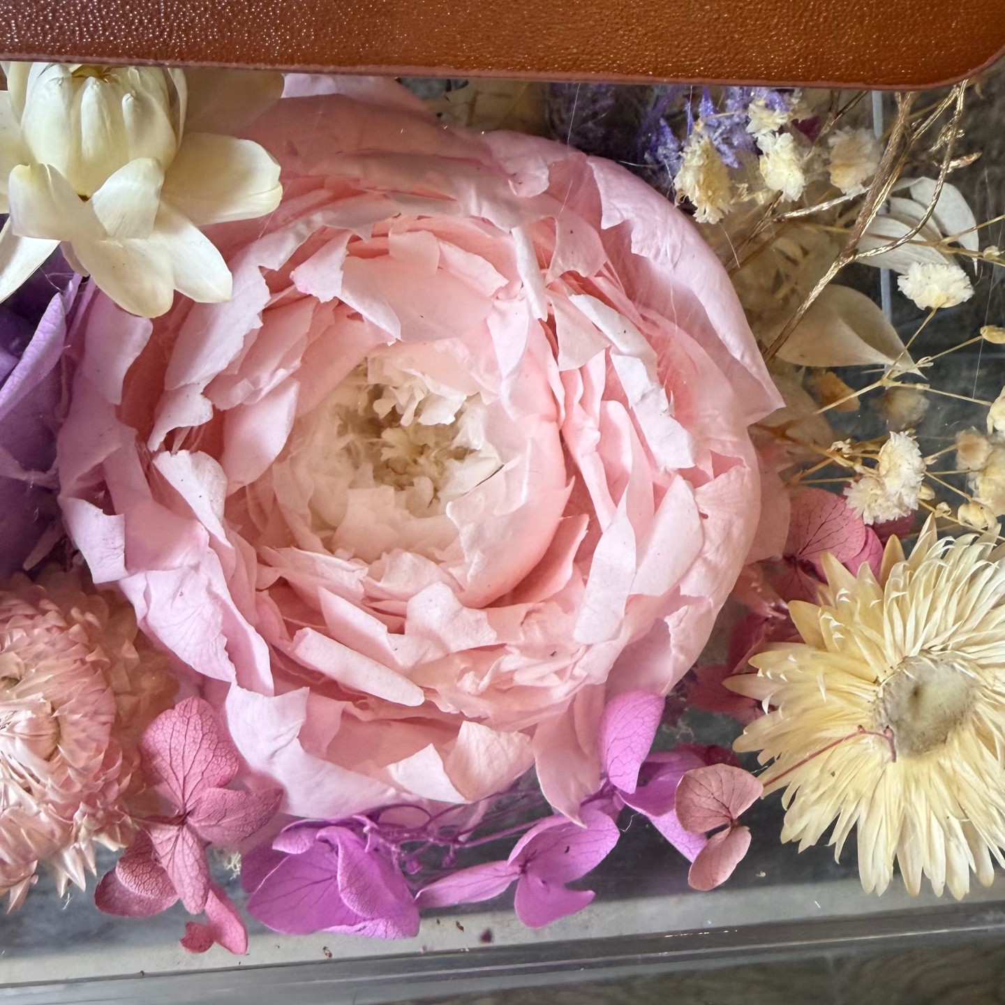 Acrylic Floral Handbag with Preserved Pink Peony and Lavender Rose