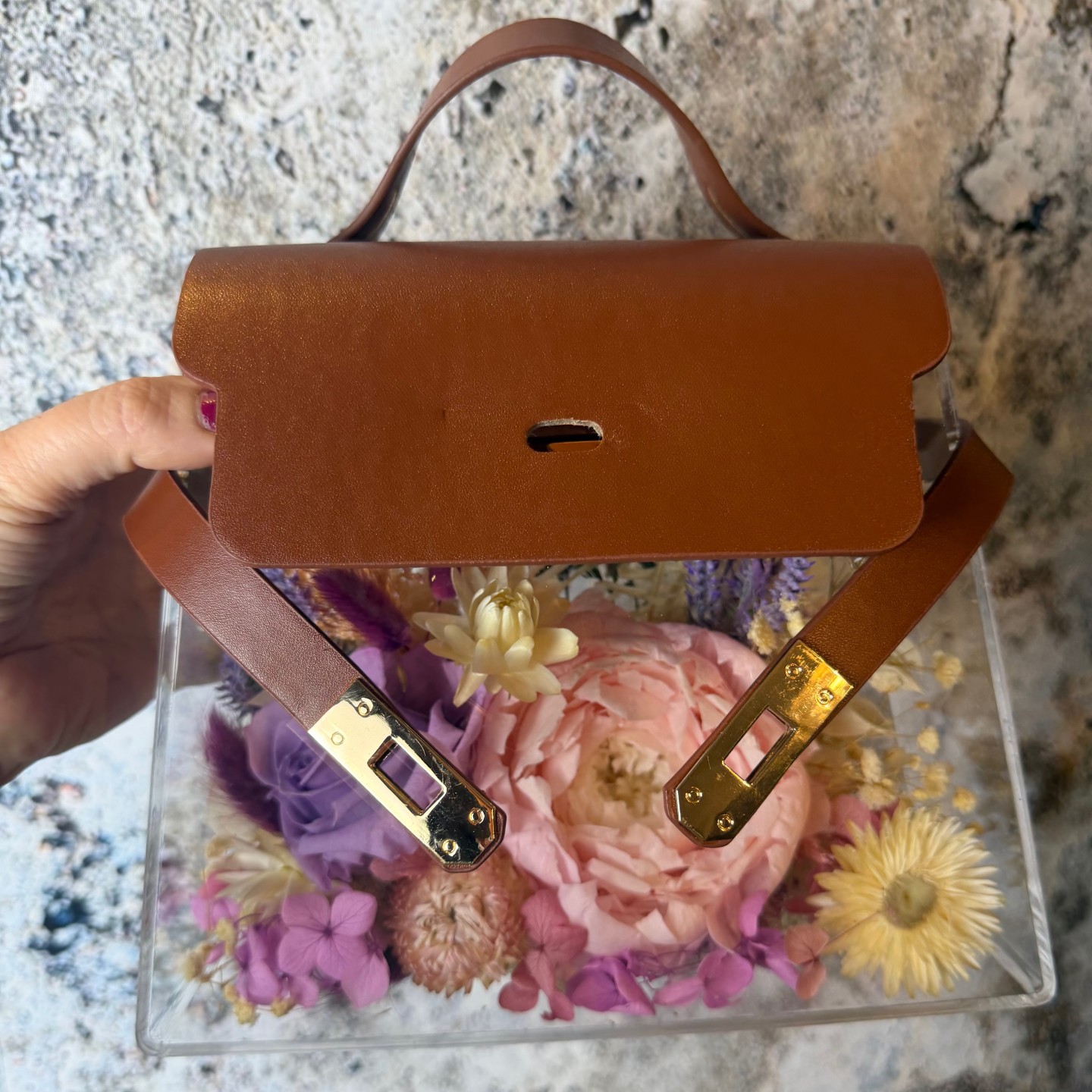 Acrylic Floral Handbag with Preserved Pink Peony and Lavender Rose