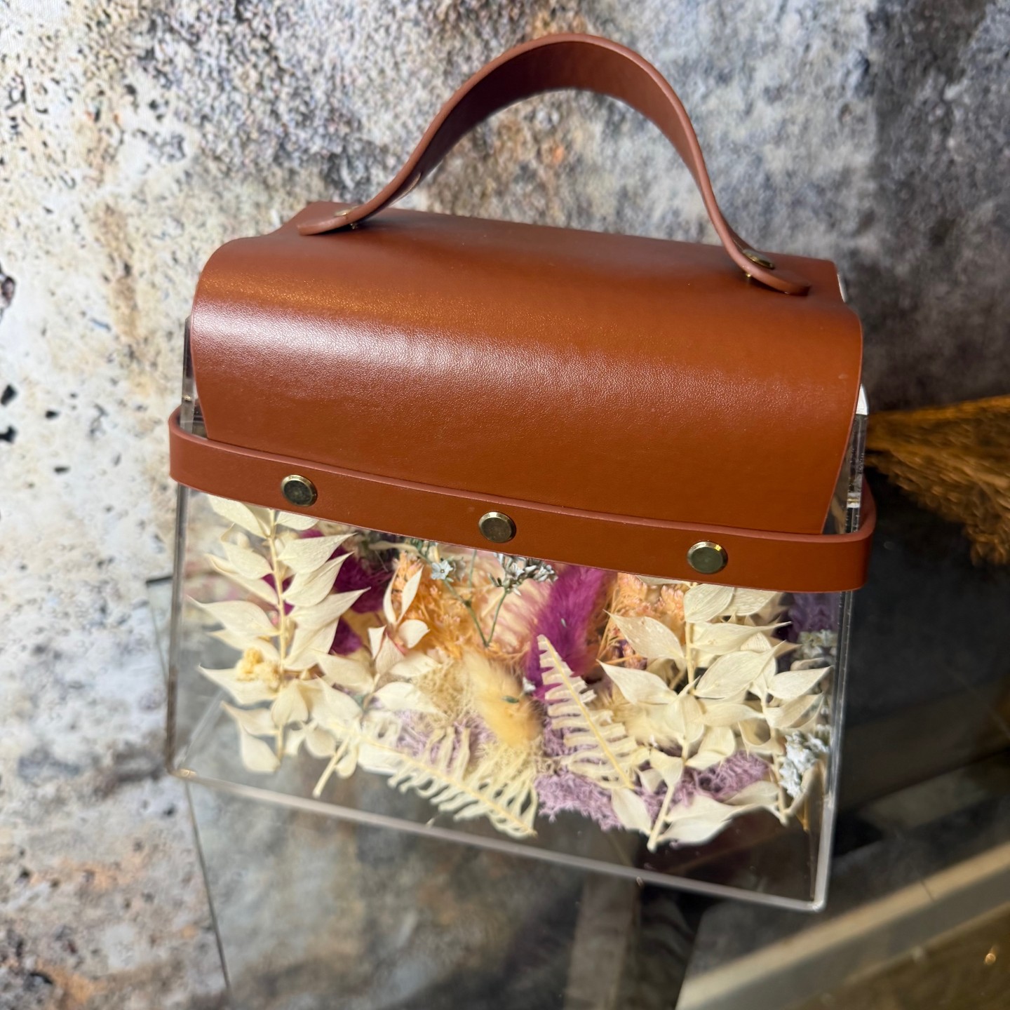 Acrylic Floral Handbag with Preserved Pink Peony and Lavender Rose