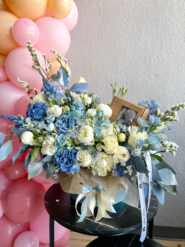 Welcome Baby Boy Flower Basket With Gift Box