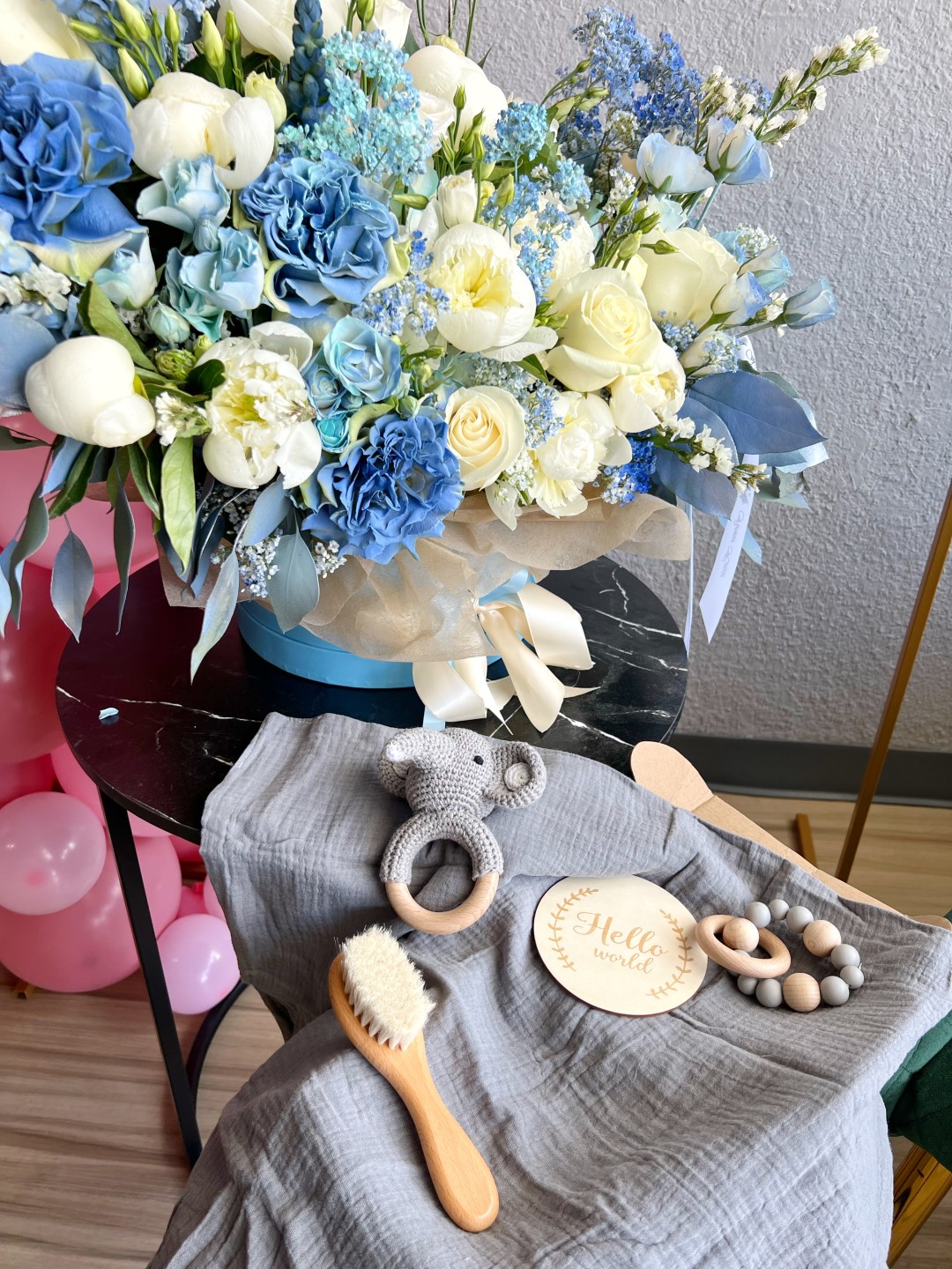 Welcome Baby Boy Flower Basket With Gift Box