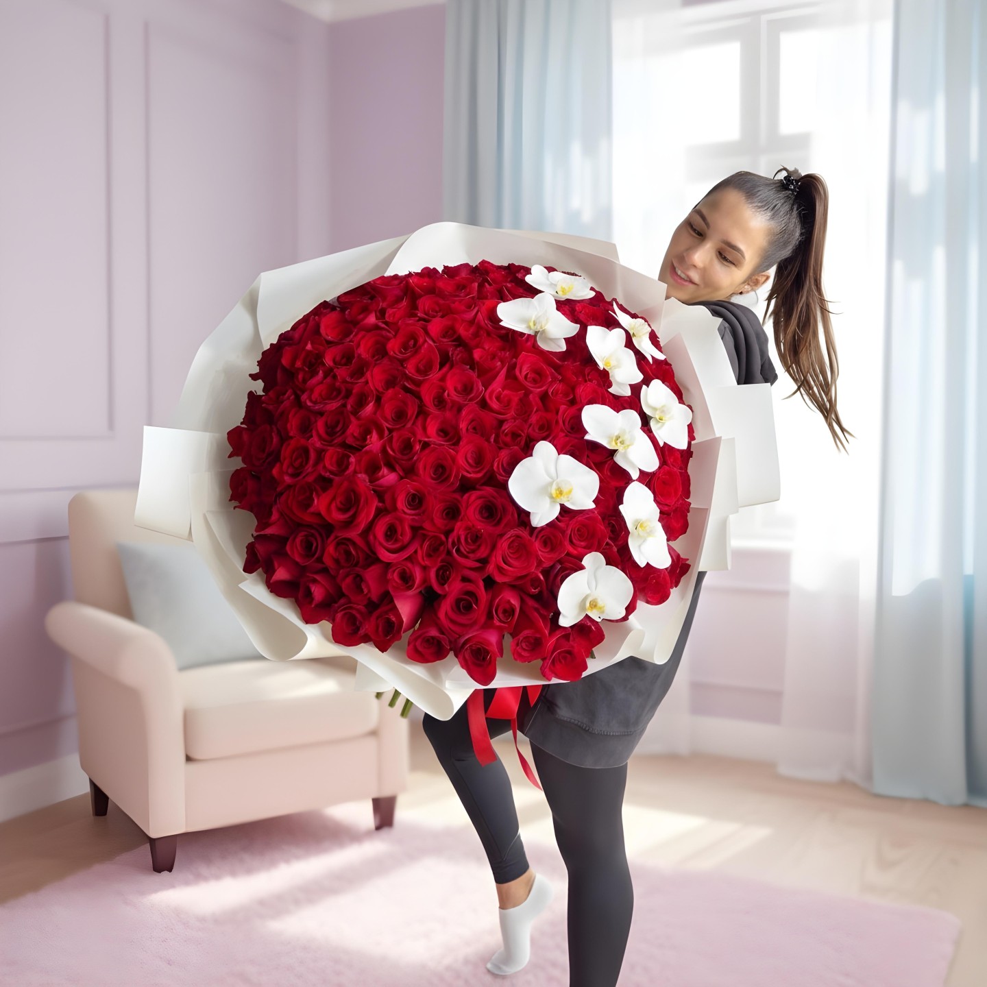 150 Fresh Long Stem Red Roses & Orchids Hand-Tied Bouquet