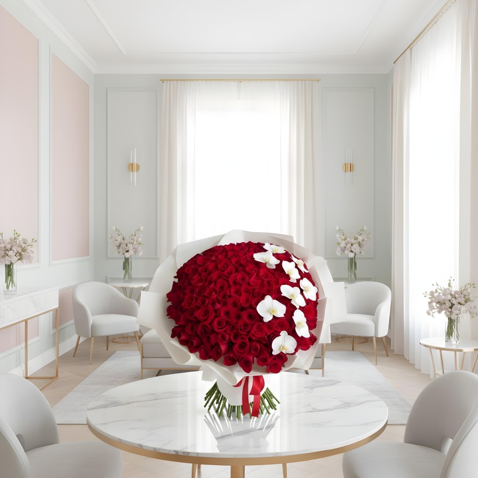 150 Fresh Long Stem Red Roses With Orchids Hand Tied Flower Bouquet 150 Fresh Long Stem Red Roses With Orchids Hand Tied Flower Bouquet