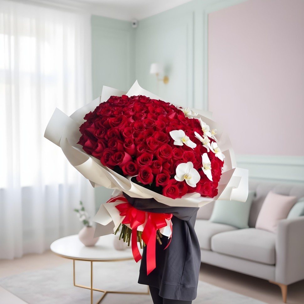 150 Fresh Long Stem Red Roses With Orchids Hand Tied Flower Bouquet