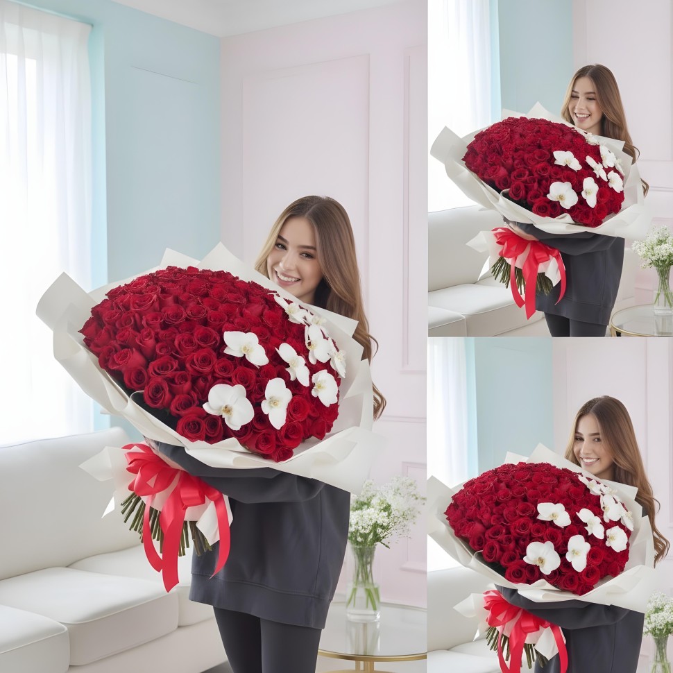 150 Fresh Long Stem Red Roses With Orchids Hand Tied Flower Bouquet 150 Fresh Long Stem Red Roses With Orchids Hand Tied Flower Bouquet