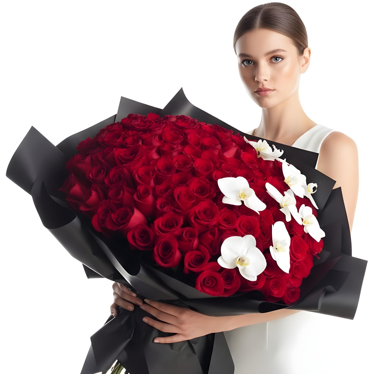 150 Fresh Long Stem Red Roses & Orchids Hand-Tied Bouquet