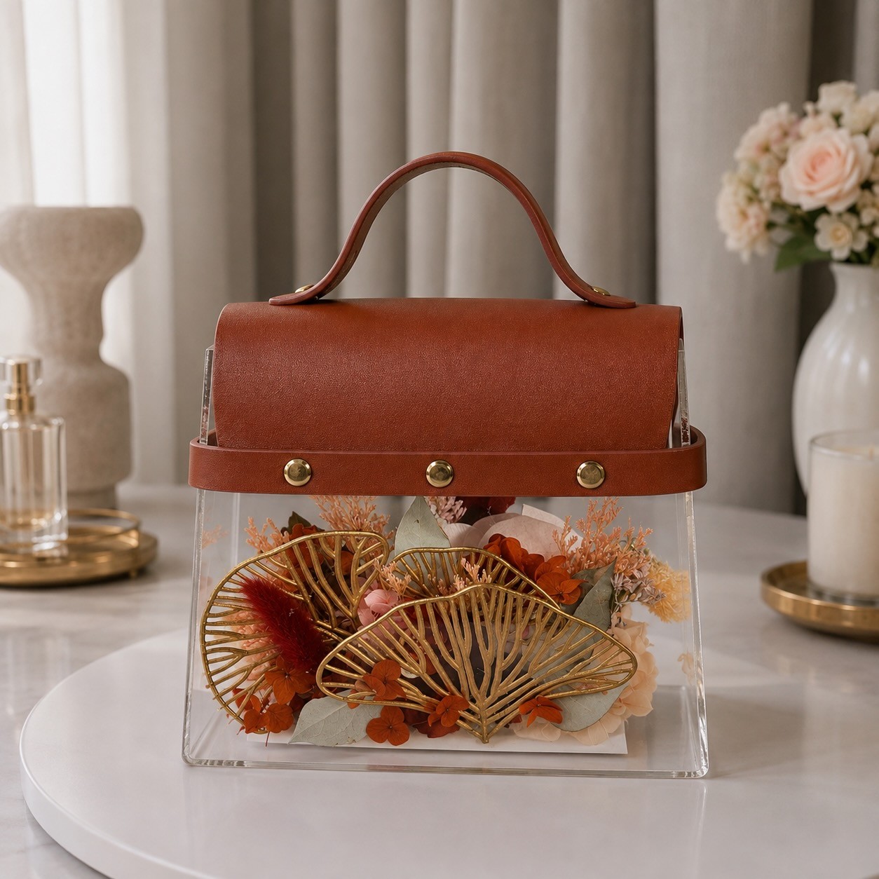 Luxury Acrylic Floral Handbag with Preserved Peony 
