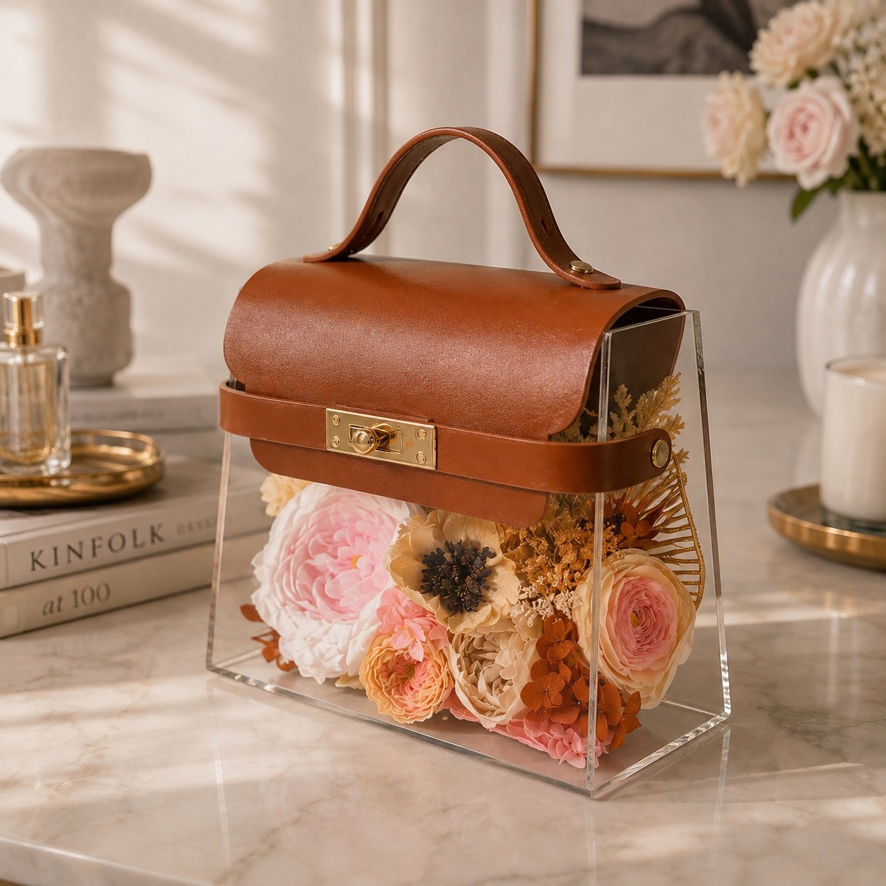 Luxury Acrylic Floral Handbag with Preserved Peony 