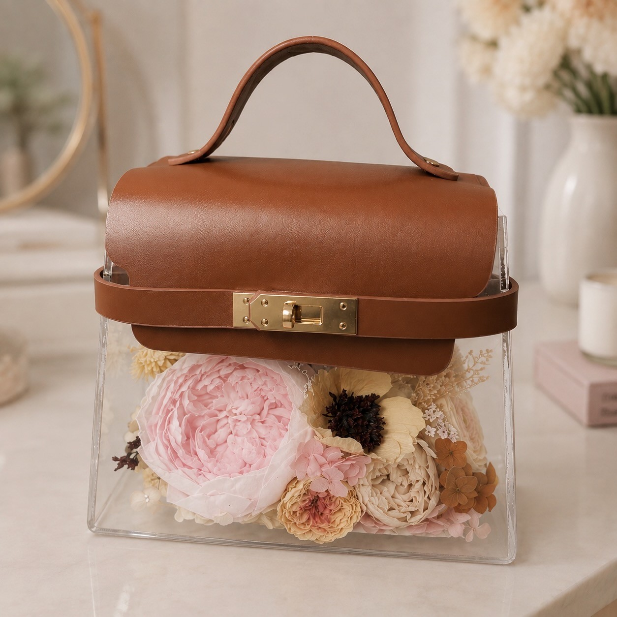 Luxury Acrylic Floral Handbag with Preserved Peony 