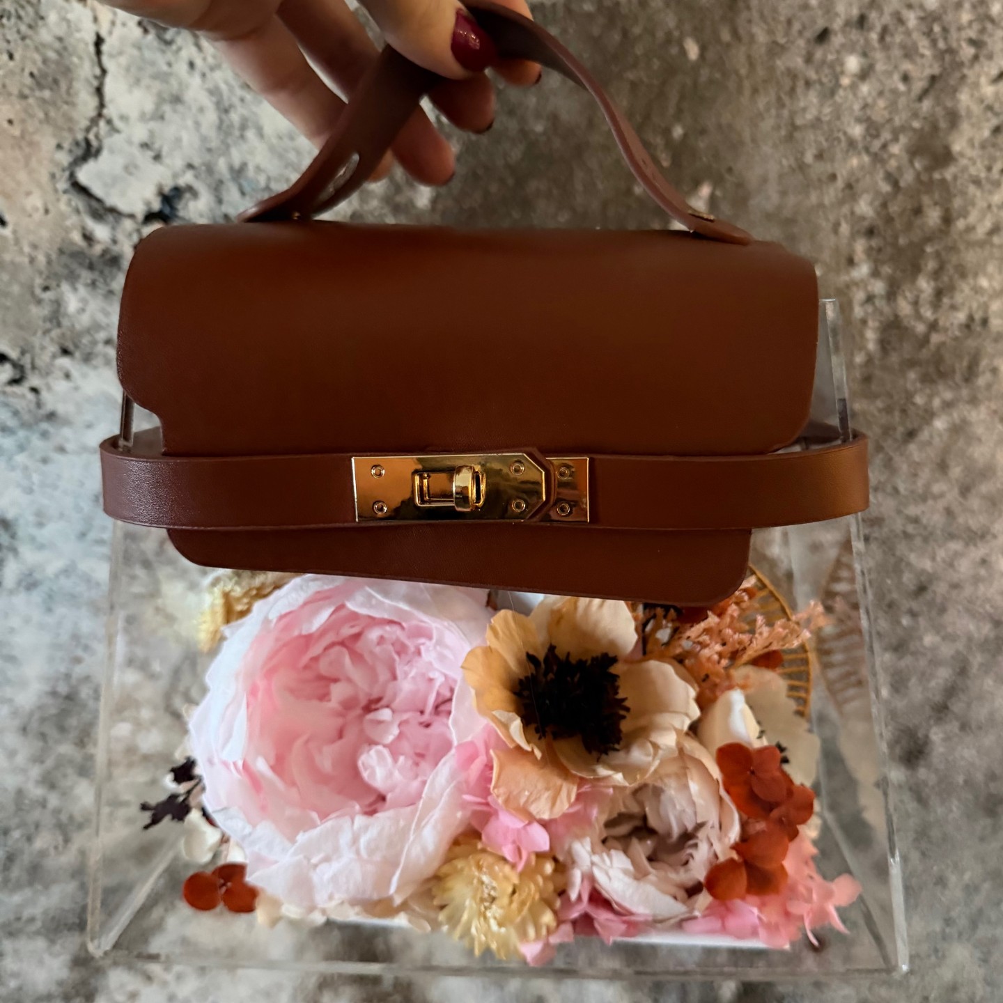Luxury Acrylic Floral Handbag with Preserved Peony 