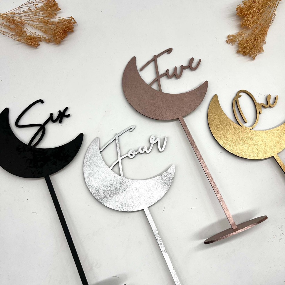 Silver Painted Natural Wood Table Number Plaques Shaped Like Moons –