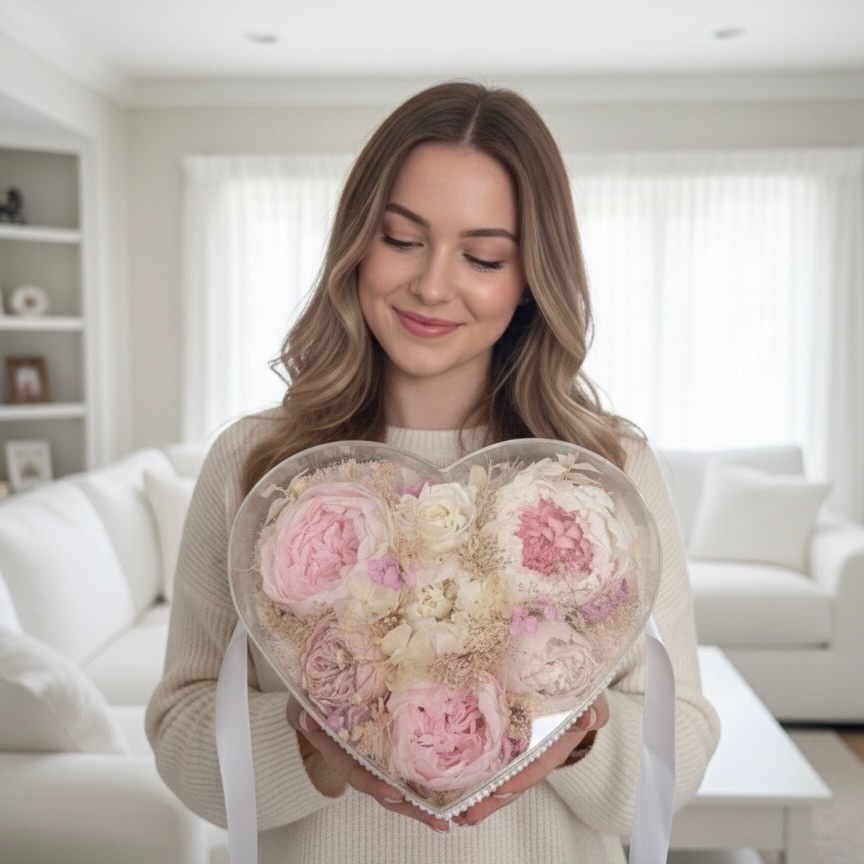 Preserved Peony Heart in Acrylic Box Preserved Peony Heart in Acrylic Box