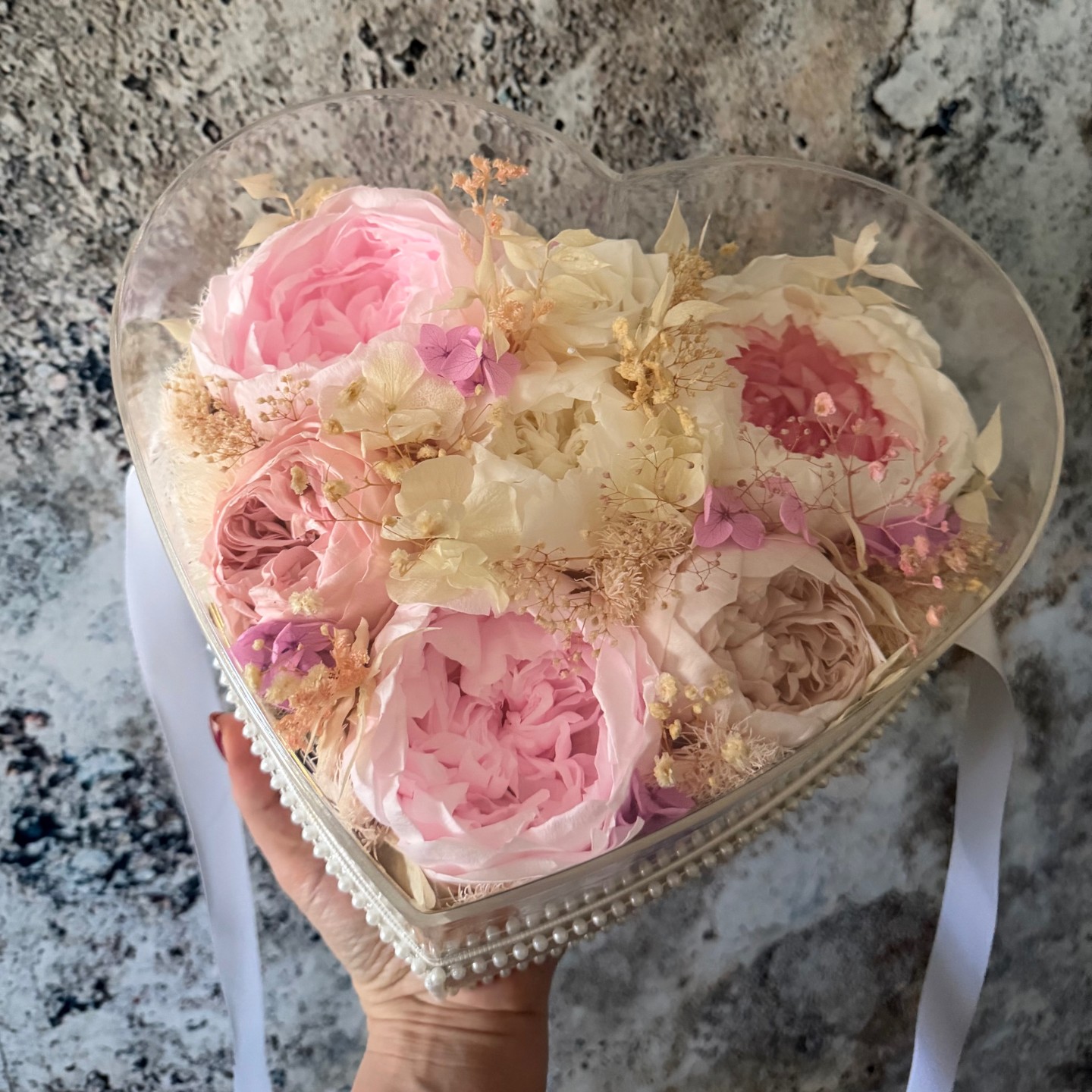 Preserved Peony Heart in Acrylic Box Preserved Peony Heart in Acrylic Box