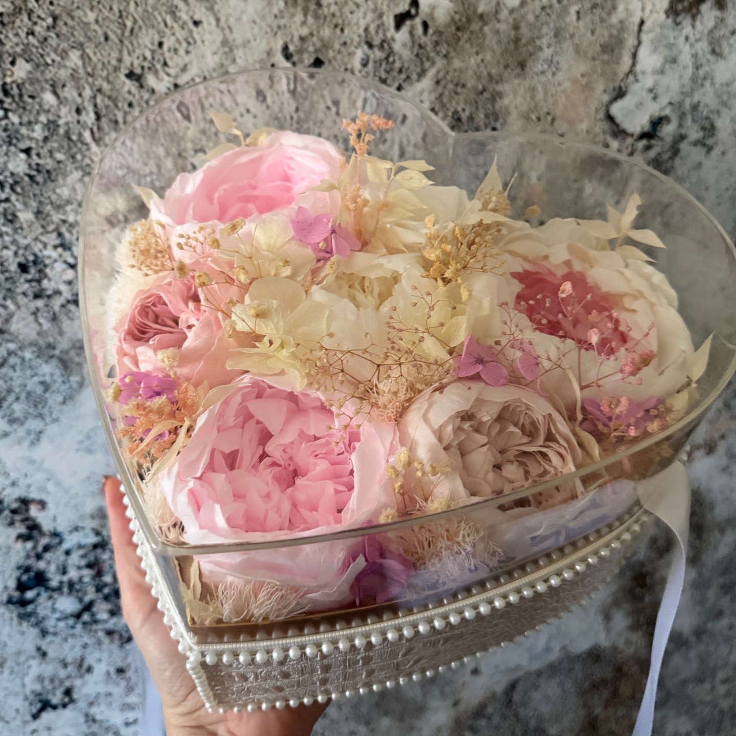 Preserved Peony Heart in Acrylic Box Preserved Peony Heart in Acrylic Box