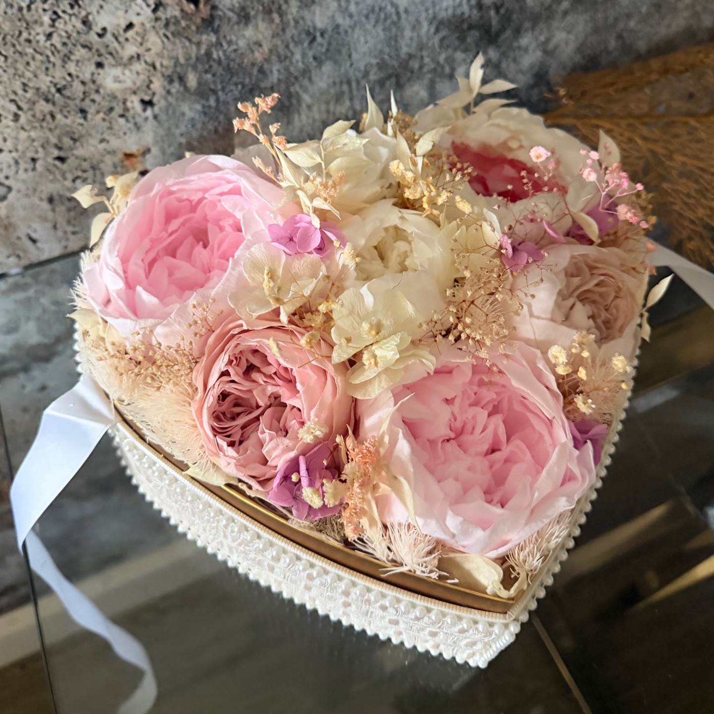 Preserved Peony Heart in Acrylic Box Preserved Peony Heart in Acrylic Box