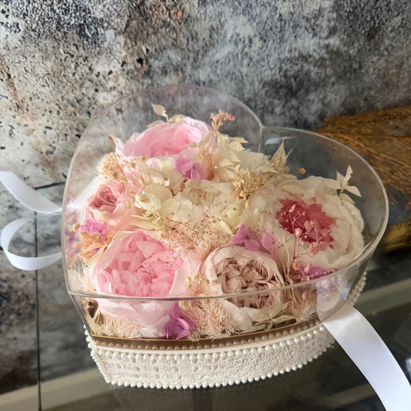 Preserved Peony Heart in Acrylic Box Preserved Peony Heart in Acrylic Box