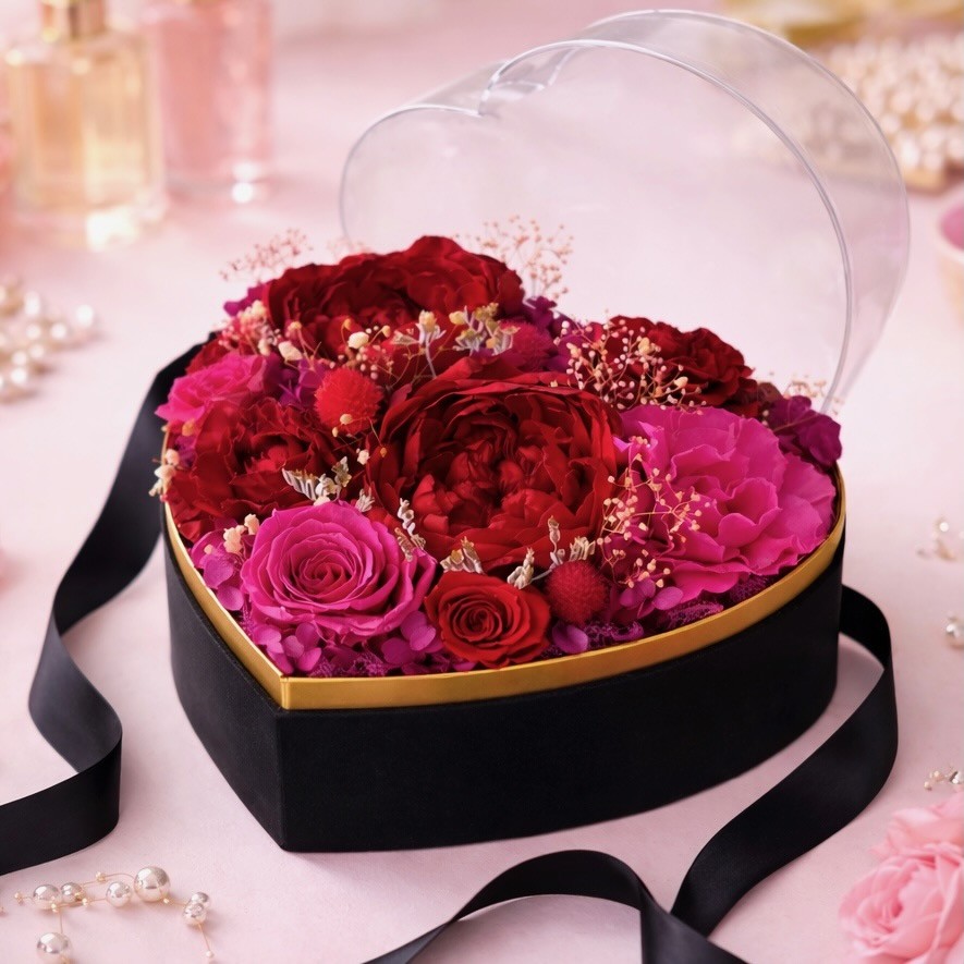 Preserved Peony Heart in Black Box | Red&Magenta Preserved Peony Heart in Black Box | Red&Magenta