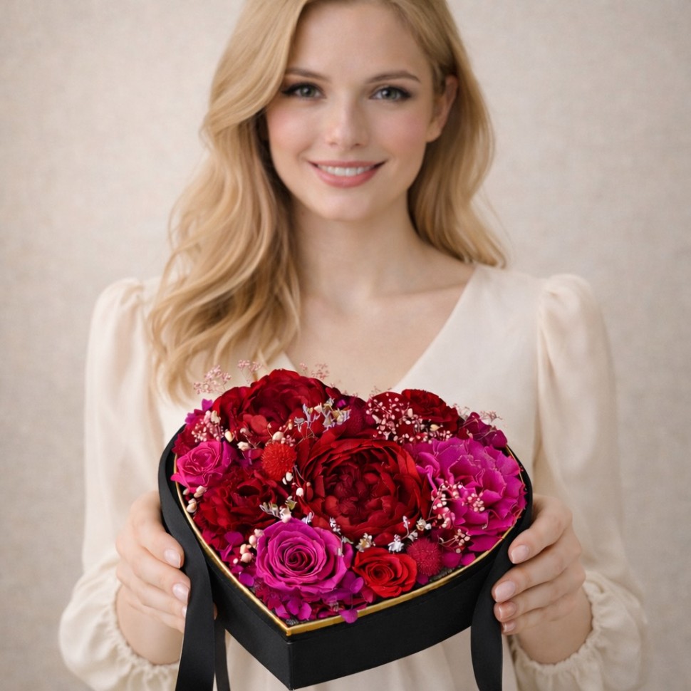 Preserved Peony Heart in Black Box | Red&Magenta