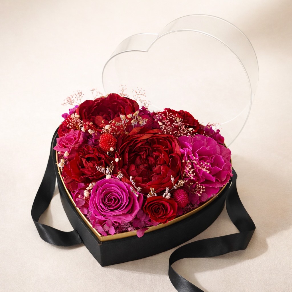 Preserved Peony Heart in Black Box | Red&Magenta Preserved Peony Heart in Black Box | Red&Magenta