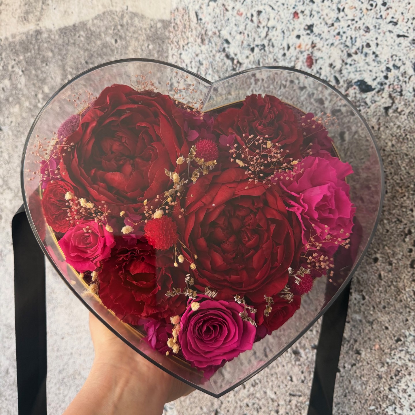 Preserved Peony Heart in Black Box | Red&Magenta Preserved Peony Heart in Black Box | Red&Magenta