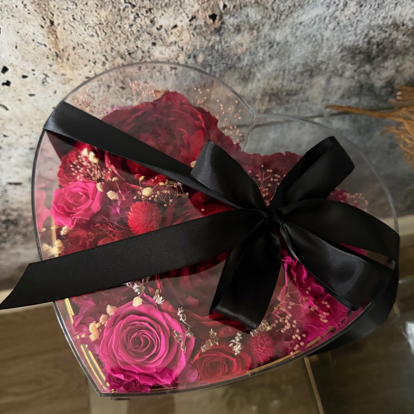 Preserved Peony Heart in Black Box | Red&Magenta Preserved Peony Heart in Black Box | Red&Magenta