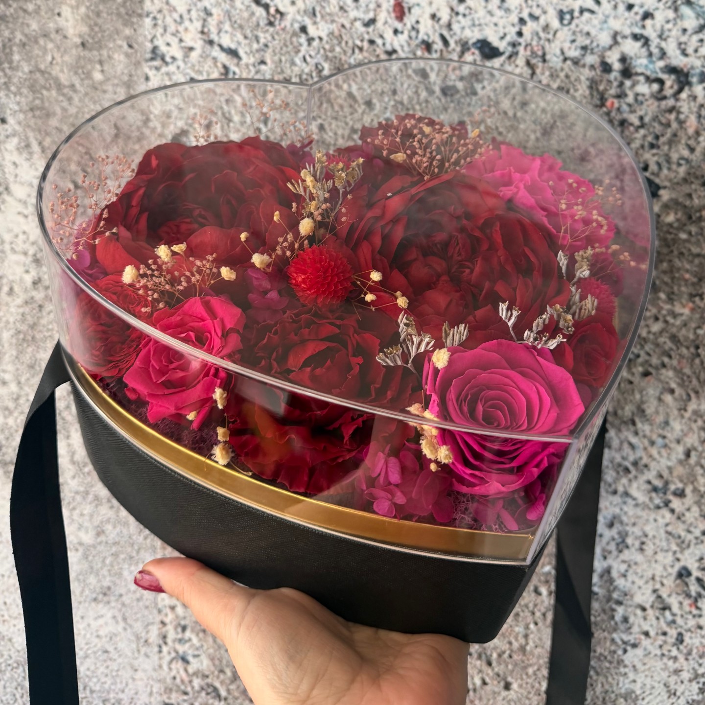 Preserved Peony Heart in Black Box | Red&Magenta Preserved Peony Heart in Black Box | Red&Magenta