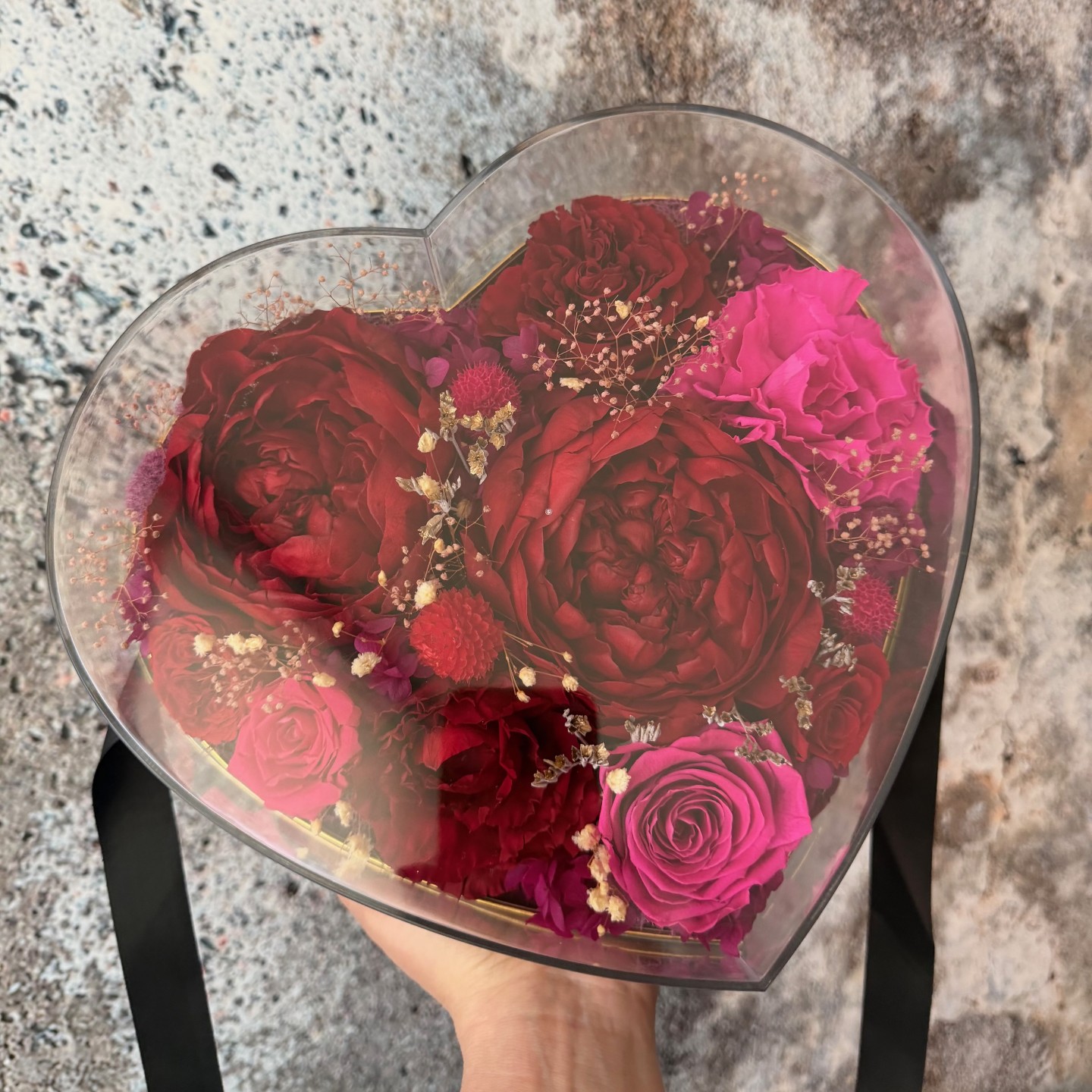 Preserved Peony Heart in Black Box | Red&Magenta Preserved Peony Heart in Black Box | Red&Magenta