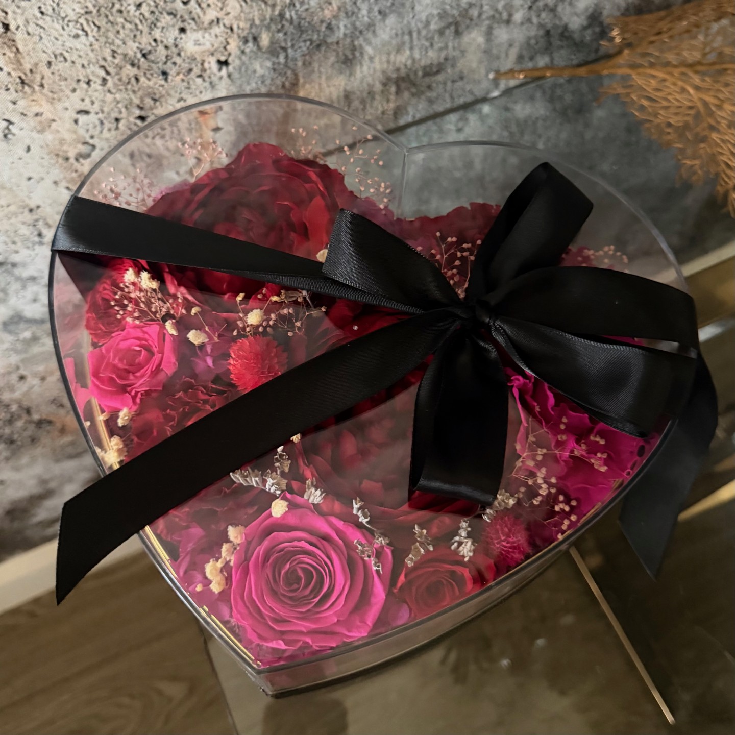 Preserved Peony Heart in Black Box | Red&Magenta Preserved Peony Heart in Black Box | Red&Magenta