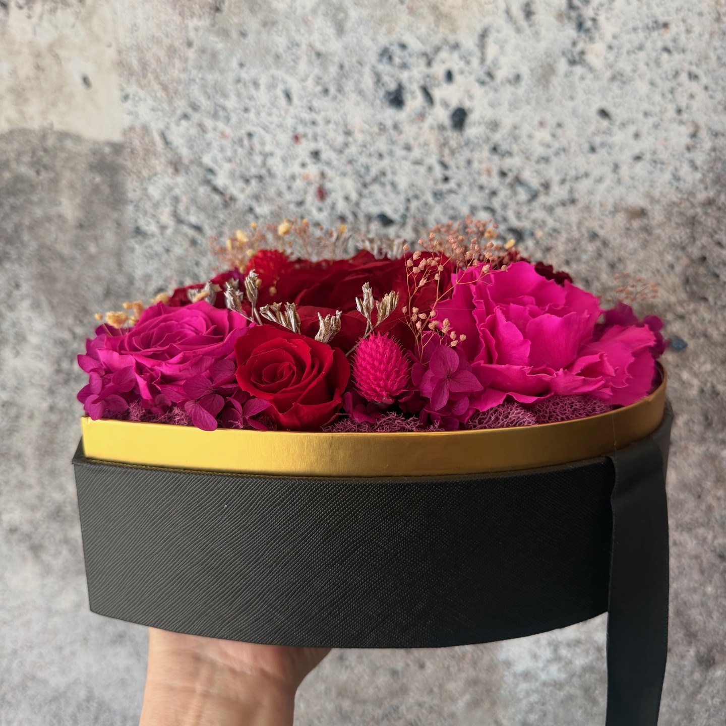 Preserved Peony Heart in Black Box | Red&Magenta Preserved Peony Heart in Black Box | Red&Magenta