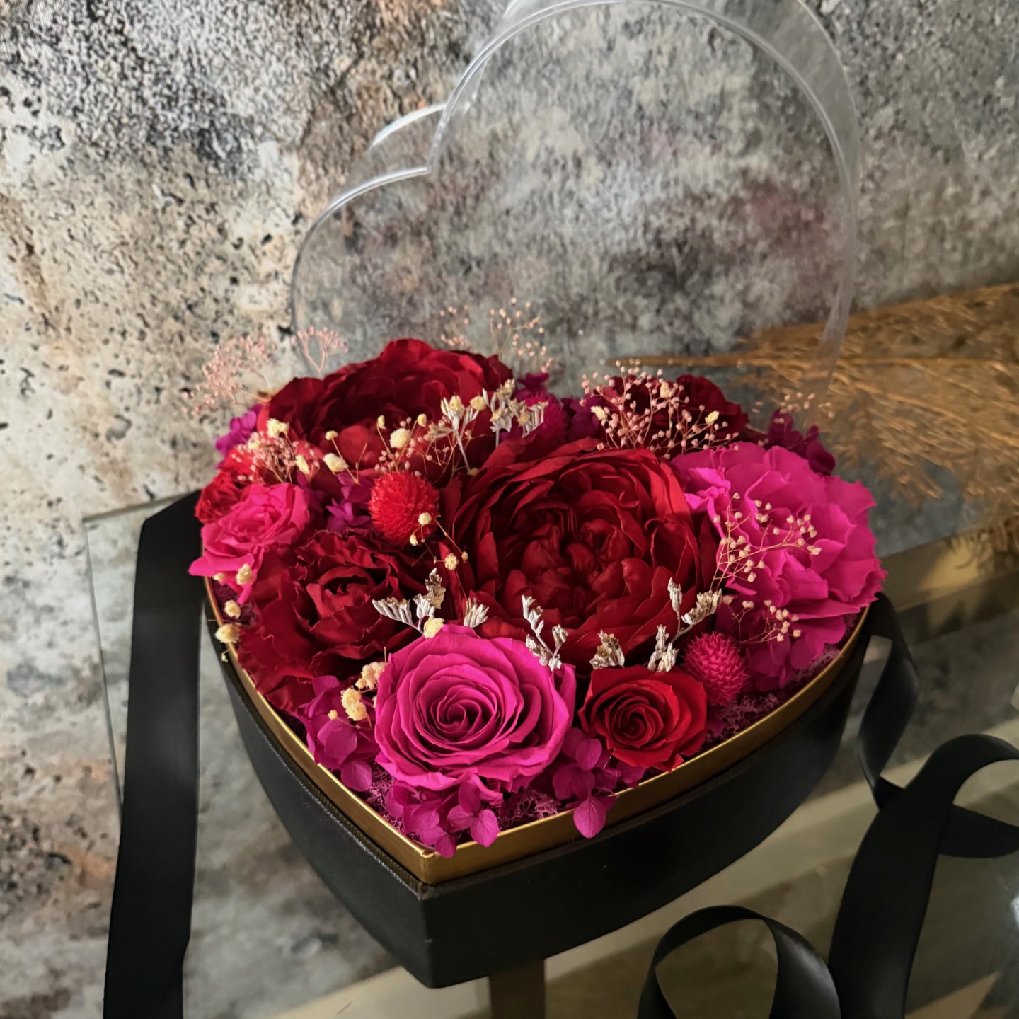 Preserved Peony Heart in Black Box | Red&Magenta Preserved Peony Heart in Black Box | Red&Magenta