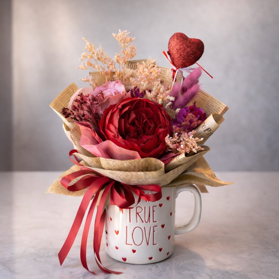 Preserved Peony Mug – Forever Flower Arrangement in “True Love” Cup