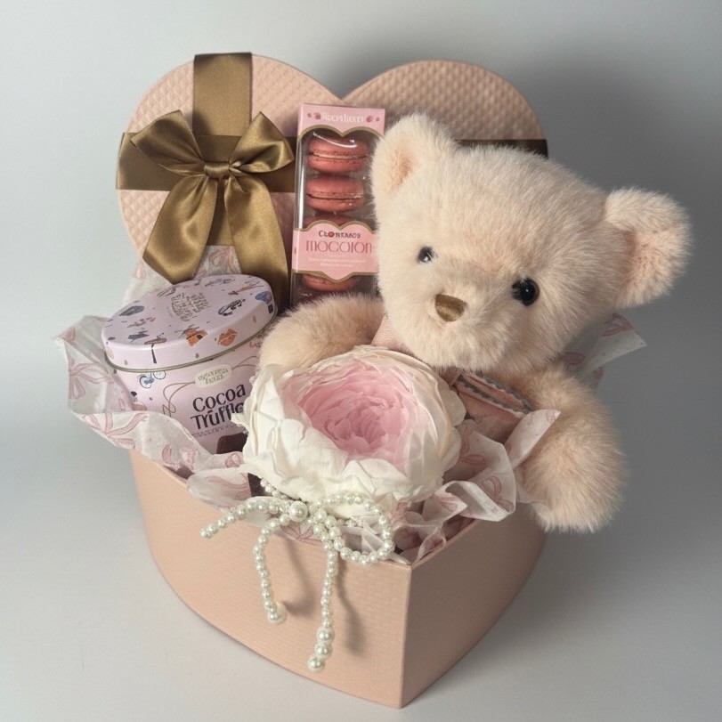 Heart-Shaped Gift Box With Teddy Bear, Preserved Peony In Vase and Macarons