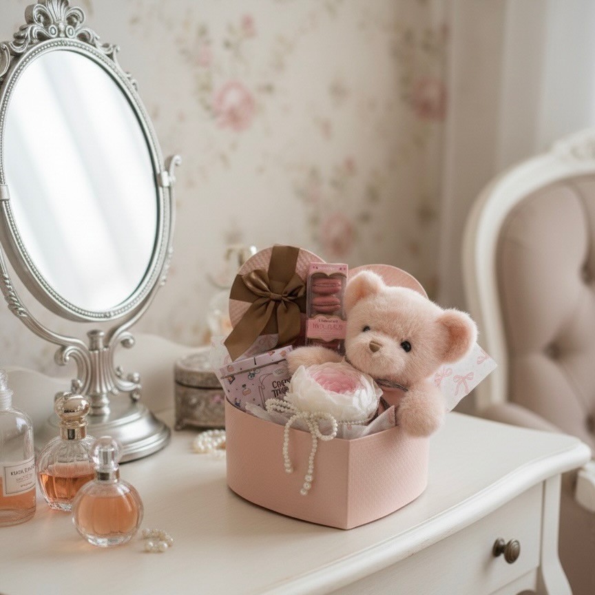 Heart-Shaped Gift Box With Teddy Bear, Preserved Peony In Vase and Macarons
