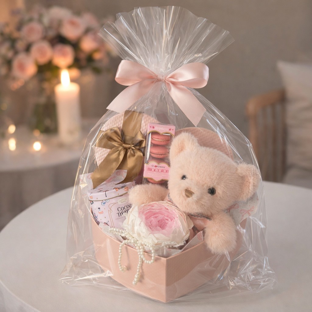 Heart-Shaped Gift Box With Teddy Bear, Preserved Peony In Vase and Macarons